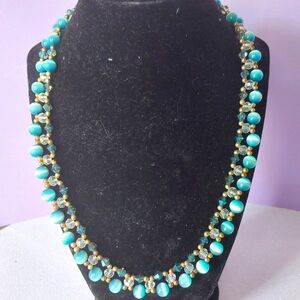Two Stand Blue, Gold and Clear Beaded Vintage 20" Necklace